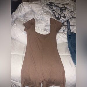 Brown Ribbed Short Sleeve Romper